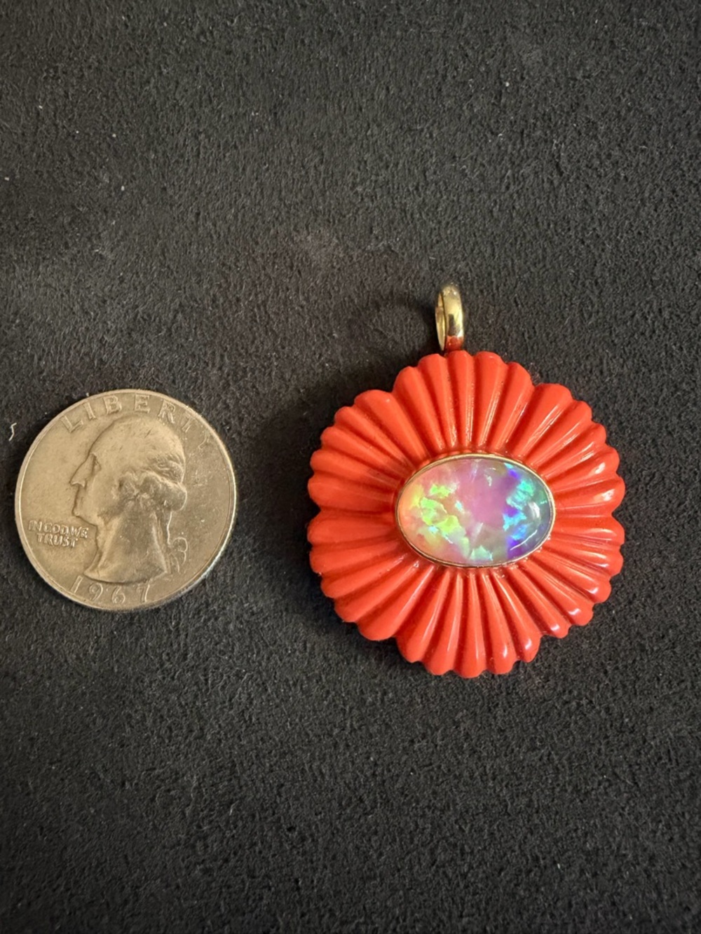 Hand carved orange coral flower pendant with Ethiopian Opal and Sterling Silver